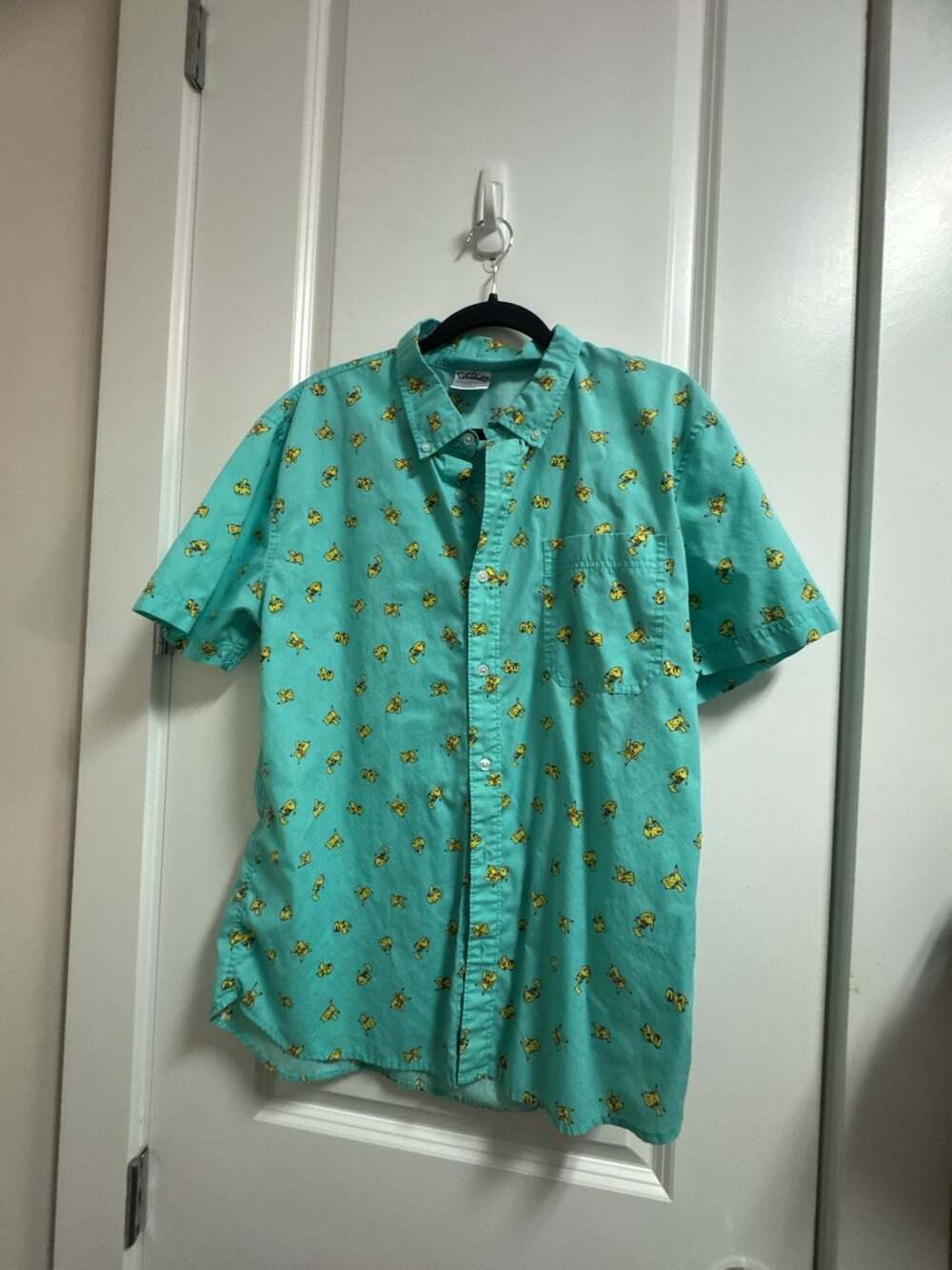 Pokemon Pikachu All-Over Print Mint Green Short Sleeve Button Up Shirt Size L